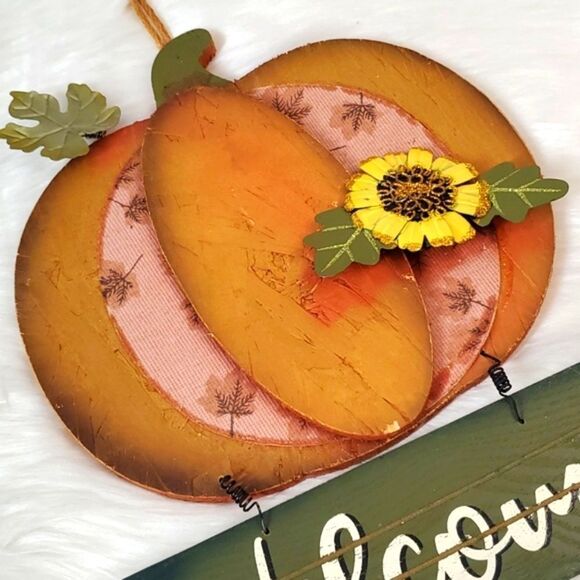 Pumpkin & Sunflower Whimsical Harvest Wood Painted Welcome Door Hanger Sign - Picture 2 of 9